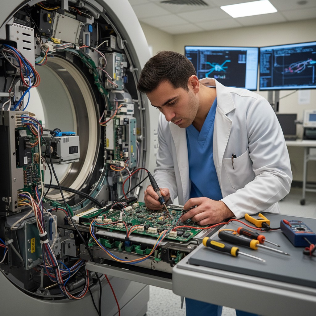 A technician in a white lab coat uses a soldering iron to repair the circuit board of an open medical imaging scanner.