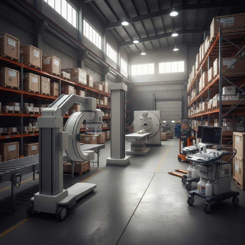 Medical imaging equipment, including a C-arm and ultrasound machine, is stored in a large warehouse filled with rows of wooden shipping crates on metal shelving.