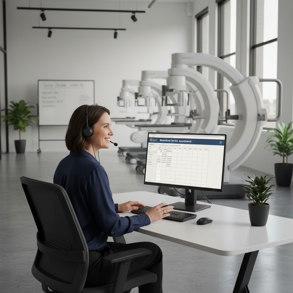 A customer service representative wearing a headset works at a computer in a medical facility with imaging equipment in the background.